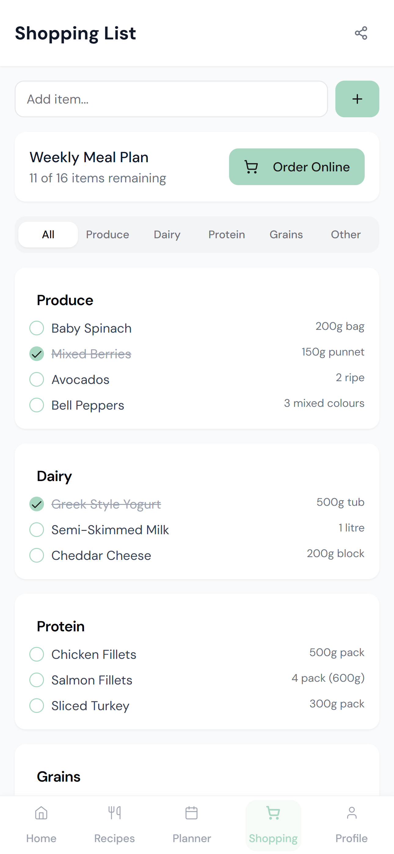 Shopping List Feature